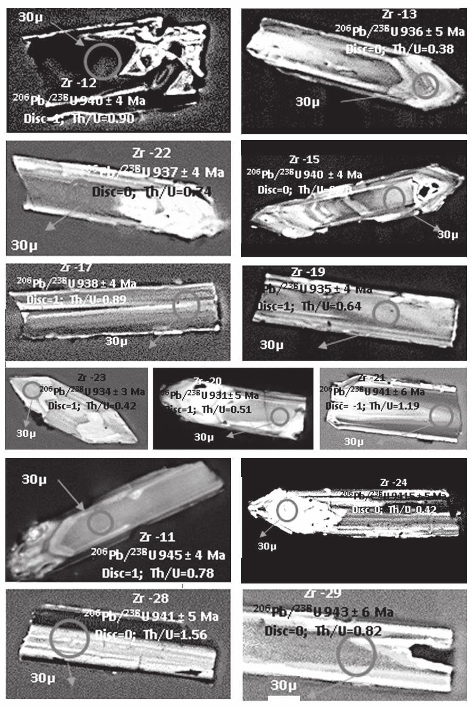 Figura 2 Imagens de Catodo luminescência (CL), obtidas com microscopia eletrônica (MEV), dos grãos de zircão