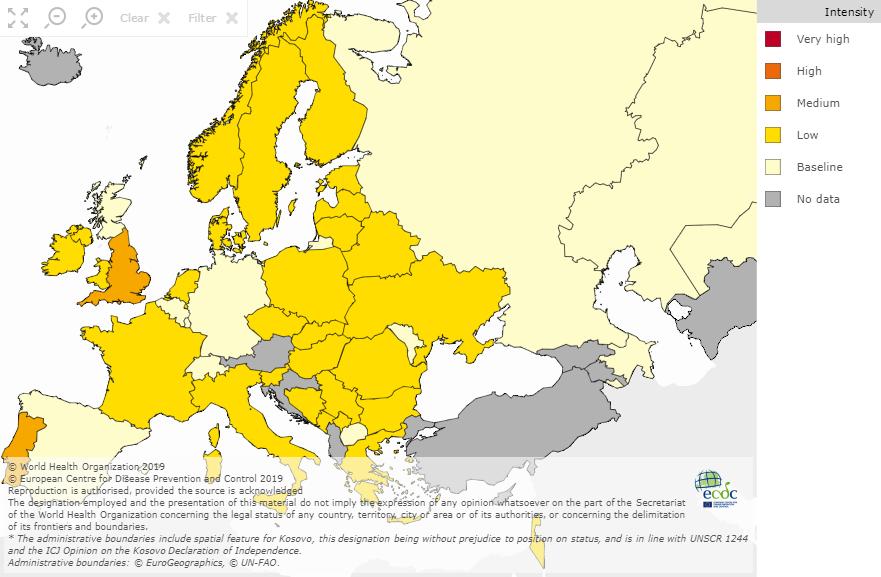 Situação internacional: Europa Figura 15 Intensidade da atividade gripal na Europa, semana 1/219.