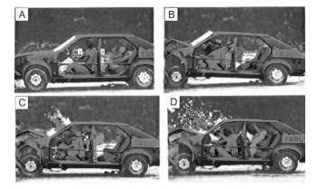 c) a intensidade F da força resultante no pássaro. 8ª Questão: A figura abaixo mostra imagens de um teste de colisão. A foto A revela o momento exato da colisão do carro com o muro.