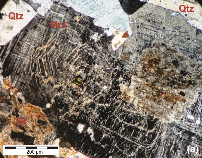 37 A titanita ocorre como cristais subédricos e anédricos, na cor castanha escura.