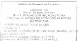 Cartório da Comarca d» Canutama Canulaina AM Marcelo Trindade de Ac aufo BA703617-95.ERTIDÂO DE REGISTRO DE IMÓVEIS Protocolo i po certidão CERTIDÃO DE INTEIRO TEOR - MATRICULA 1 1 ;i1tdão 44.