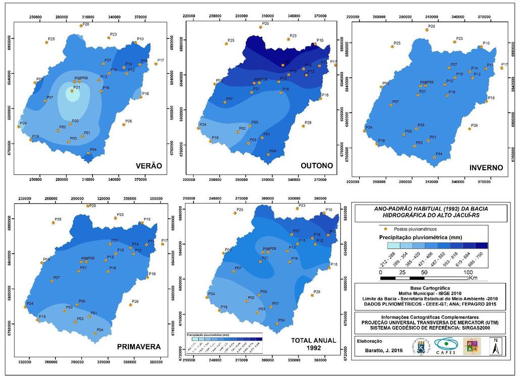 525mm, estas localizadas na região sul, na região central e também na região nordeste da bacia. Na região centro-norte foram observados os maiores valores de precipitação com 607-687mm.