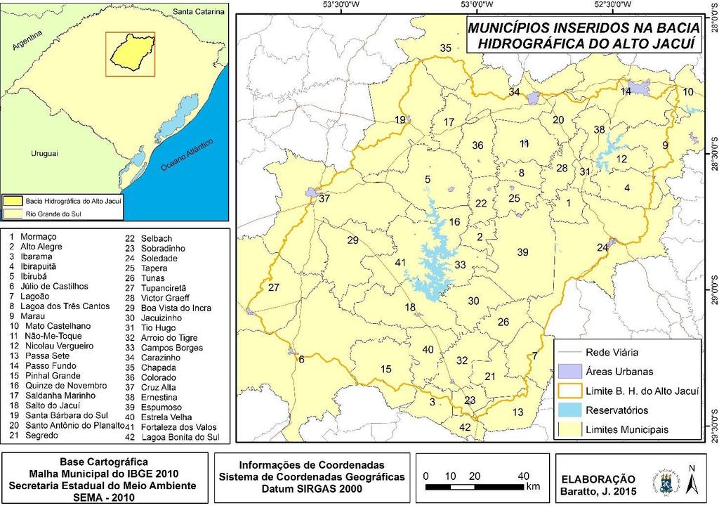 Figura 1: Localização da área de estudo. Fonte: Autora. Destes, 23 possuem todo o seu território inserido na bacia hidrográfica, 09 possuem mais de 50% do seu território inseridos na bacia.