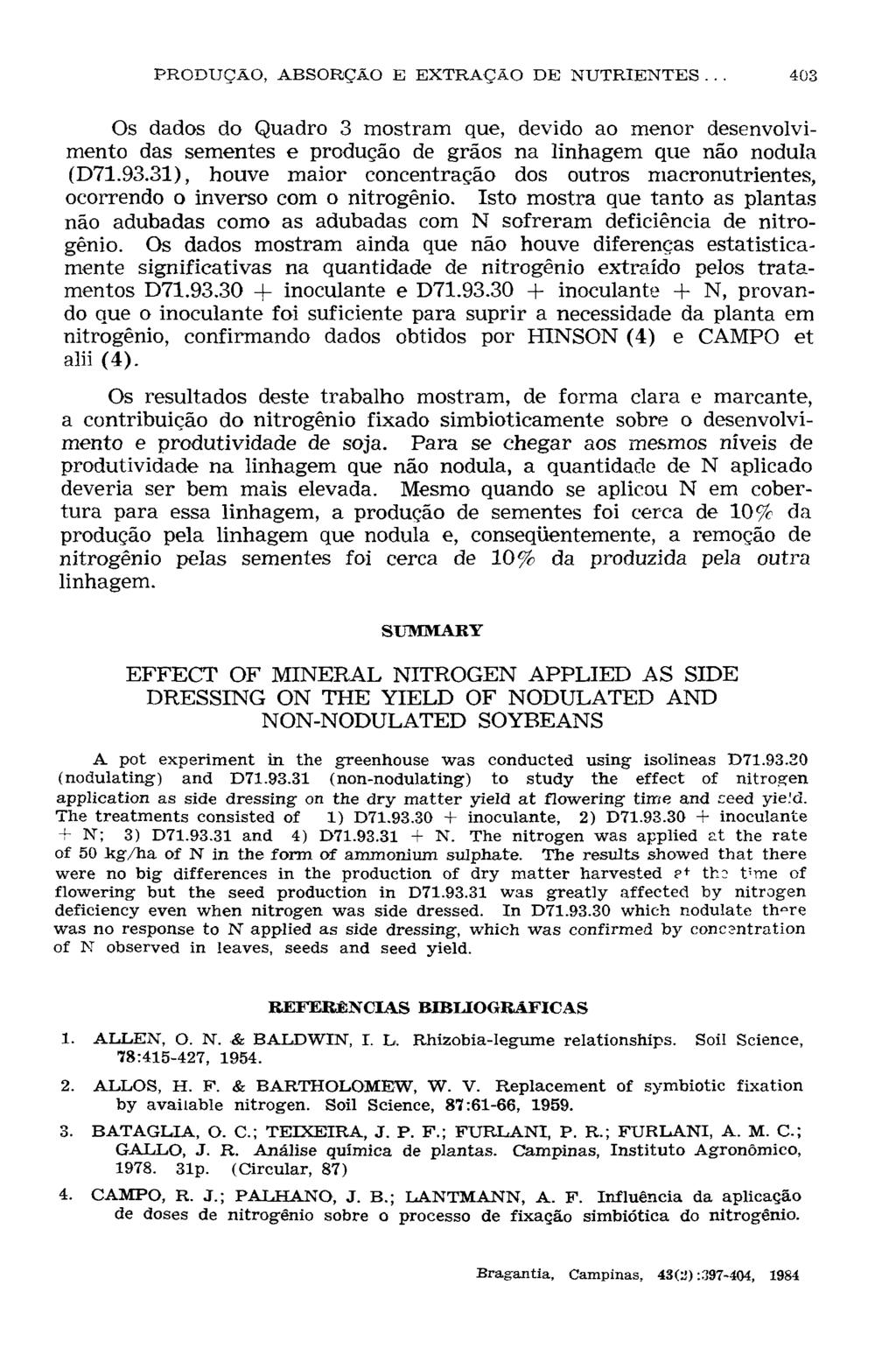 Os dados do Quadro 3 mostram que, devido ao menor desenvolvimento das sementes e produção de grãos na linhagem que não nodula (D71.93.