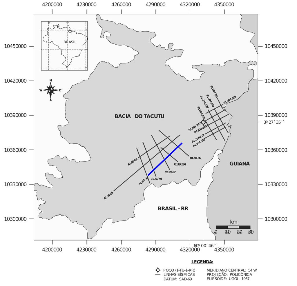 35 Figura 26 Localização da linha sísmica 50-RL-90, destacada em azul, na bacia do Tacutu Fonte: Faccipieri (2015). cobertura 1, com apenas 12 traços.
