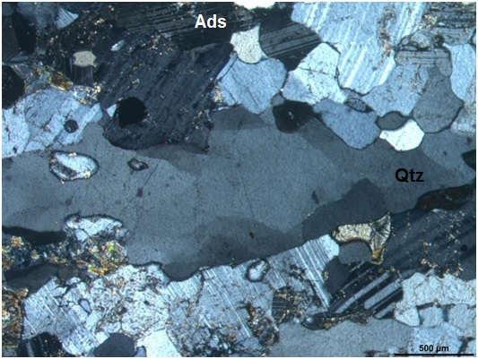 Figura 09: Textura granoblástica deformada caracterizada por cristal de quartzo estirado, com formação de subgrãos, associado a cristais de andesina, amostra OM-388 (NX).