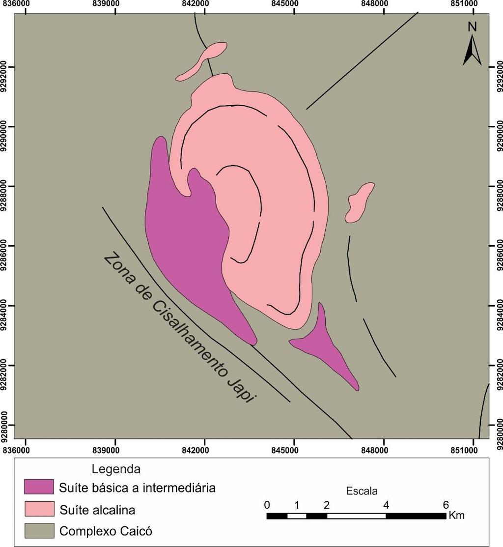 III. Geologia dos Corpos Estudados principais contêm enclaves microgranulares félsicos centimétricos de formas ovaladas, cujas dimensões aumentam em direção a borda do corpo.