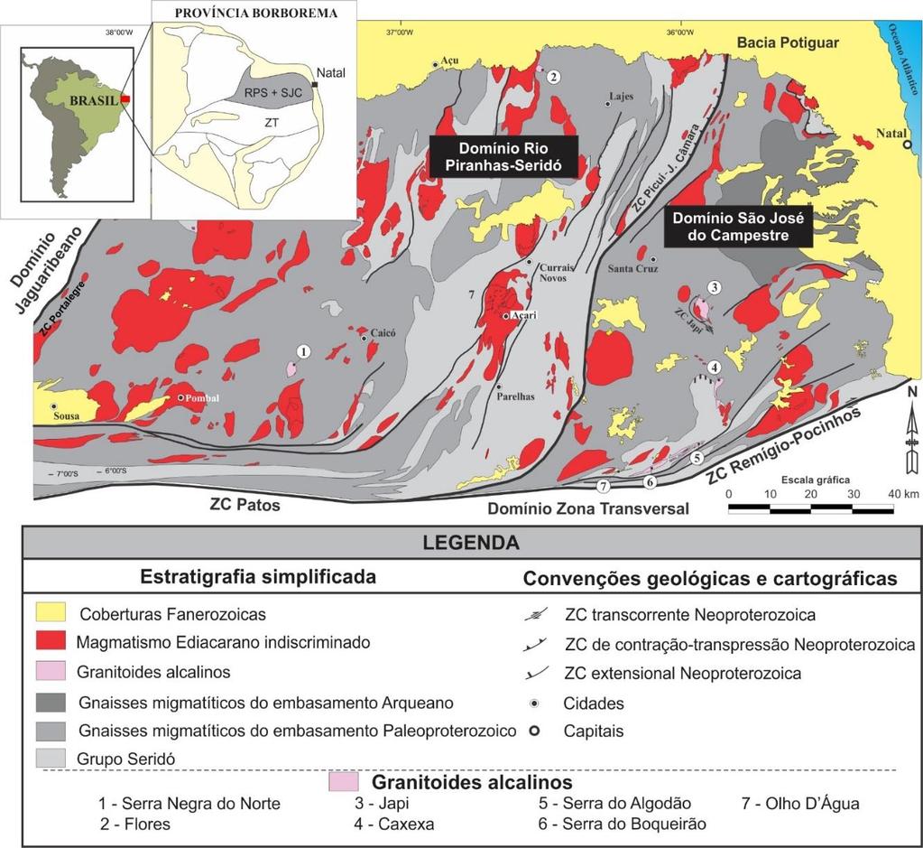 VII. Artigo Submetido Figura 1. Esboço geológico dos Domínios Rio Piranhas-Seridó (RPS) e São José do Campestre (SJC), NE da Província Borborema, com ênfase no magmatismo ediacarano.