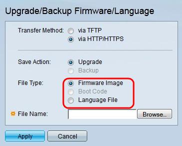 As opções disponíveis são definidas como segue: Imagem de firmware O firmware deve ser promovido. O firmware é o programa que controla os funcionamentos e a funcionalidade do interruptor.