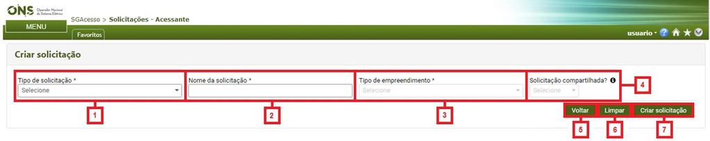 Criando uma solicitação Ao clicar na opção Nova solicitação do botão Adicionar, o sistema direcionará para a página Criar solicitação.