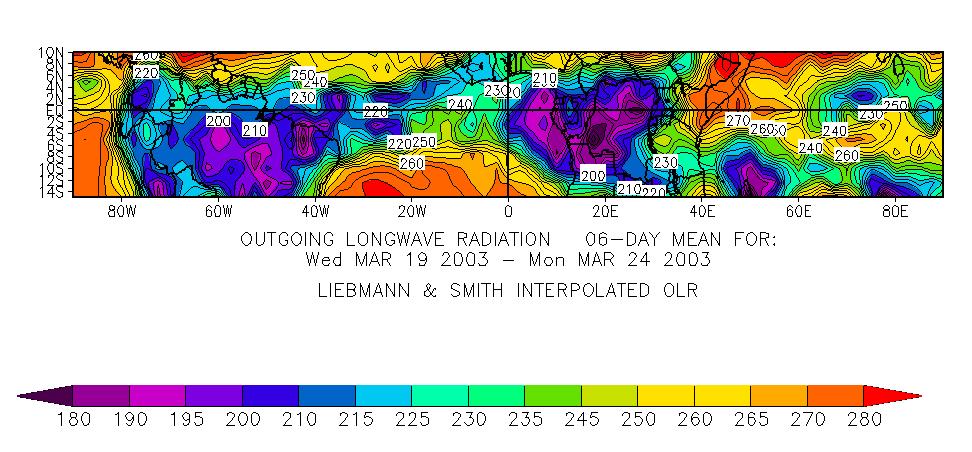 34 Figura 12: Mapa da distribuição da radiação de onda longa emergente entre os dias 10 e 24 de março de 2003 para as longitudes de 90 W a 90 E e entre as latitudes de 10 N a 14 S.