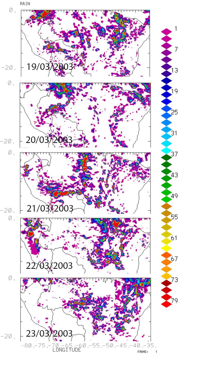 Figura 15: Mapa de estimativa de chuva pelo CMORPH entre os dias 19 e 23 de março de 2003 para as