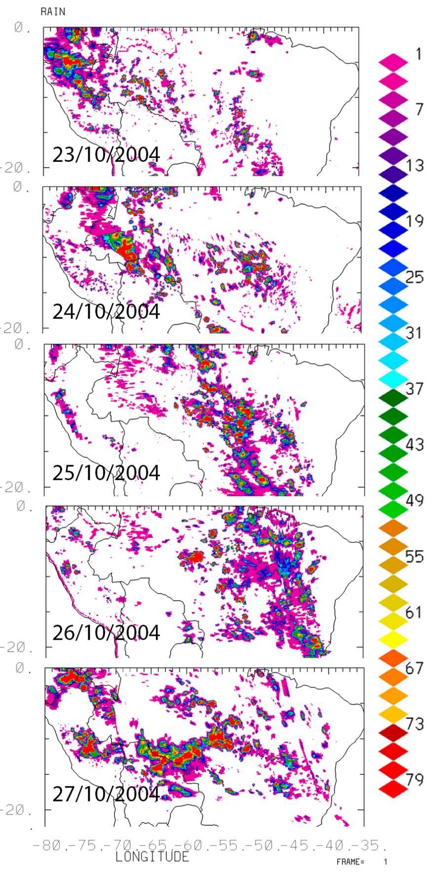 Figura 54: Mapa de estimativa de chuva pelo CMORPH entre os dias 23 e 27 de outubro de 2004 para as