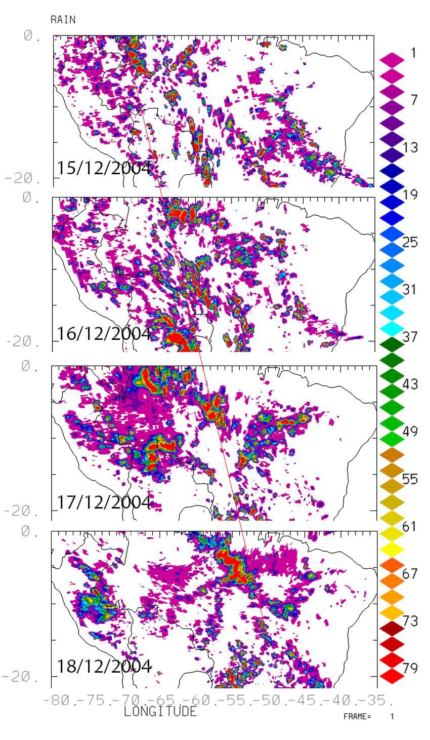 Figura 66: Mapa de estimativa de chuva pelo CMORPH entre os dias 15 e 18 de dezembro de 2004 para as latitudes de 0 a 20 S entre as longitudes de 80 W