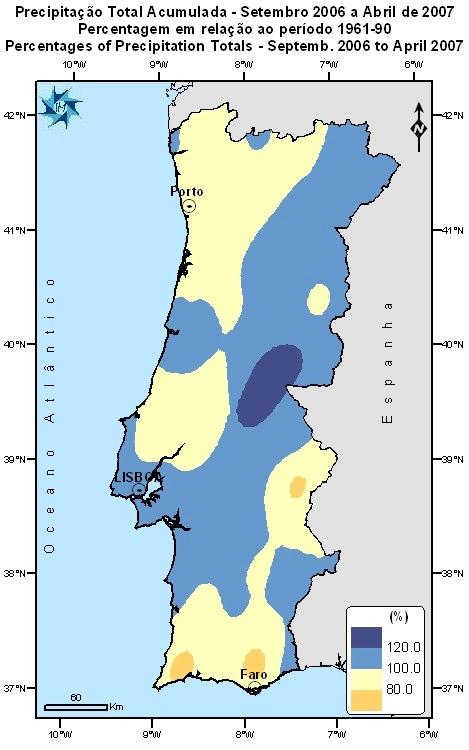 Precipitação acumulada desde 1 de Setembro 6 Os valores da quantidade de precipitação acumulada desde 1 de Setembro de 6 até 3 de Abril 7 (Figura 7) variaram entre 44 mm em Martim Longo e 1894 mm em