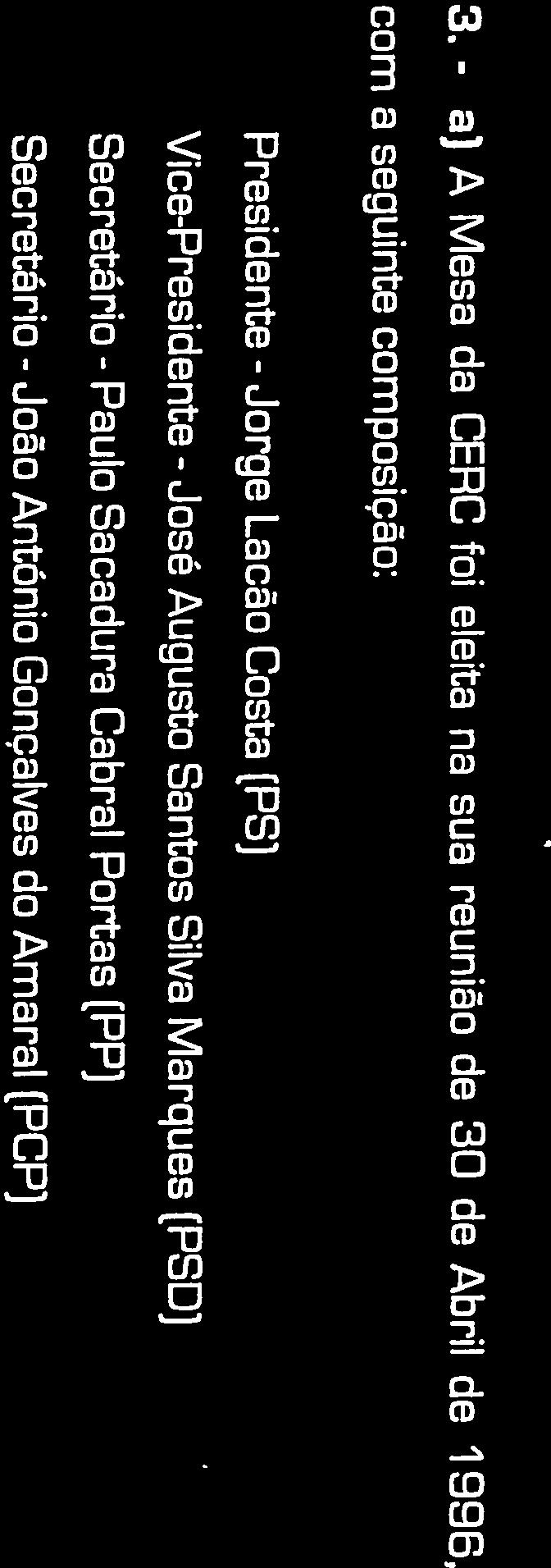 Santos Silva Marques (PSD) Secretário - Paulo Sacadura Cabral Portas (PP) Secretário - João AntOnio Gonçalves do Amaral (PCP) b) Em 4 de Junho de 1996 fol a Mesa da