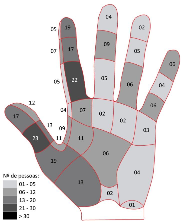 Figura 11. Mapa da face palmar da mão esquerda de indivíduos idosos (> 55 anos).