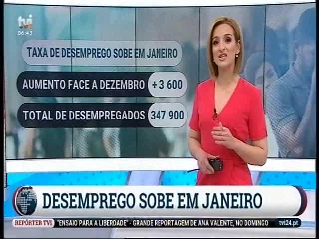 A54 TVI Duração: 00:00:38 OCS: TVI - Diário da Manhã ID: 79323821 01-03-2019 06:42 Desemprego sobe em Janeiro http://pt.cision.com/cp2013/clippingdetails.aspx?