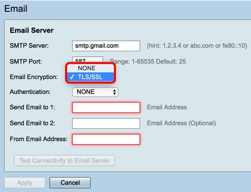 Etapa 5. Da lista de drop-down da autenticação, escolha como você quer autenticar o acesso a seu email. As opções são: NENHUNS Nenhuma autenticação do nome de usuário e senha é exigida.