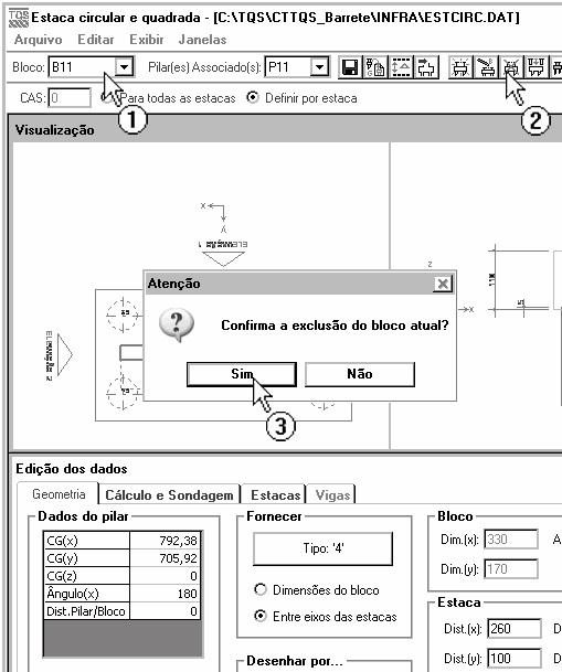 (1) selecione o bloco B11; (2) clique em Remover Bloco ; (3) confirme a exclusão ( Sim ). Repita o processo para o bloco B12. Saia do Editor de Estacas Circulares e Quadradas, salvando as alterações.