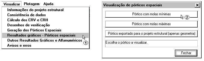 (1) clique Resultados gráficos Pórticos espaciais ; (2) clique no botão Pórticos de molas mínimas. Para fechar, acesse o comando Arquivo Sair.