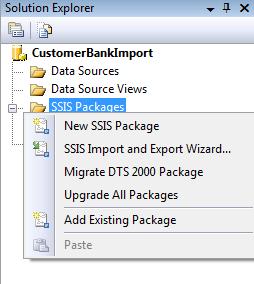 2. No Solution Explorer, clique com o botão da direita do rato em SSIS Packages e clique em Add Existing Package 3.
