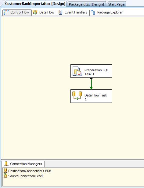 6. Tente identificar a funcionalidade de cada control flow task (Preparation SQL Task 1 e Data Flow Task 1) na figura acima (Utilize o duplo clique em cada task para ver os detalhes). 7.