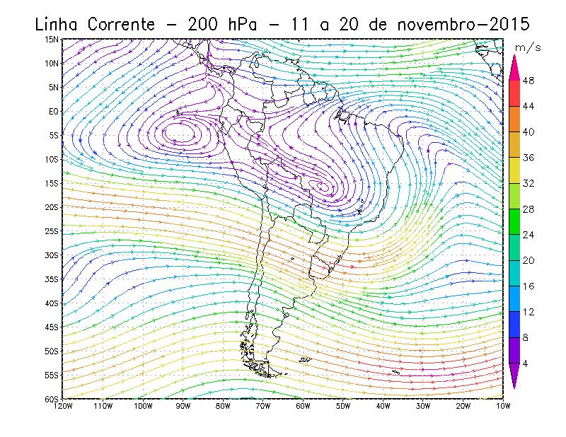 AB CN JS CONF Figura 6 Campos de Linha de Corrente 200 hpa e 850 hpa 2º Decêndio de novembro 2015. AB (Alta da Bolívia), CN(Cavado do Nordeste), JS (Jato Subtropical e CONF(Confluência dos Ventos).