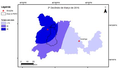 espacialização do segundo episódio de ZCOU. Em Timóteo e na porção norte do PERD identifica-se os maiores totais de precipitação.