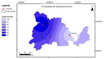 Figura 19 - Espacializações da distribuição das precipitações na região do PERD conforme a ocorrência de evento de ZCOU no 2º decêndio de dezembro de 2016. Fonte: ArcGIS 10.