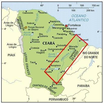 Figura 1 - Mapa do estado do Ceará e em destaque em vermelho o rio Jaguaribe. Fonte: Camelo (2007).