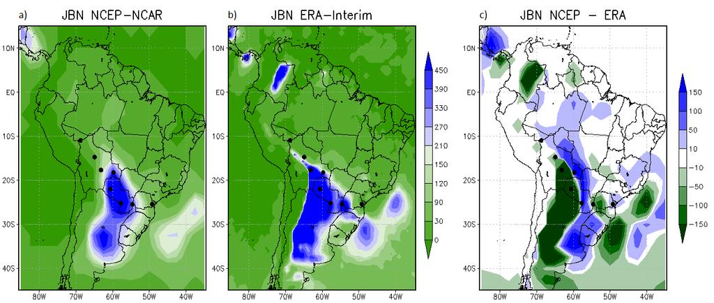 resolução espacial da reanálise do NCEP-NCAR (2,5o) para se computar o campo da diferença da frequência de JBNs (Figura 3c).