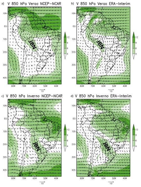 Figura 2 - Climatologia do JBN a leste dos Andes, em 850 hpa, no período de 2001 a 2015, obtida das reanálises do NCEP-NCAR (a, c) e ERA-Interim e (b, d), para inverno e verão.