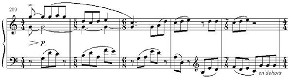 for enfatizado o desenho melódico-linear deste material, mais fácil será a identificação auditiva da recorrência do tema (ver exemplo 4).