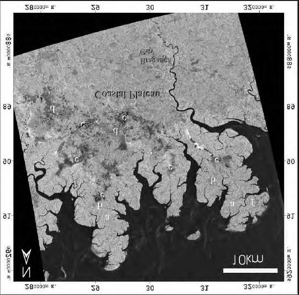 28000C»7n E. N A í 3 2 0000rr E O km r,4 28nnoaii«p. 29 30 31 320D00m R Figure 3- RADARSAT Fine Bean Mode (F1) from the Bragança Coastal Plain. The letters are discussed in the text.