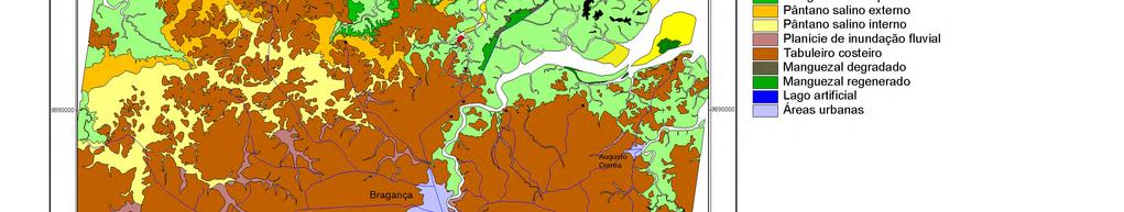 Manguezal degradado Manguezal regenerado Lago artificial Áreas urbanas Bragança ) (:oiro,i Mapa geomorfológico elaborado a