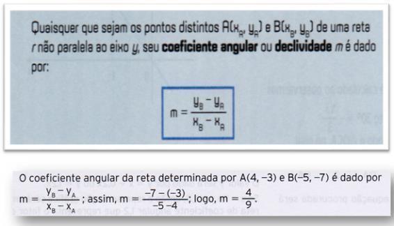 58) Observamos que não é chamada a atenção para o fato do coeficiente angular ser um quociente de variações, apesar de estarem implícitas essas