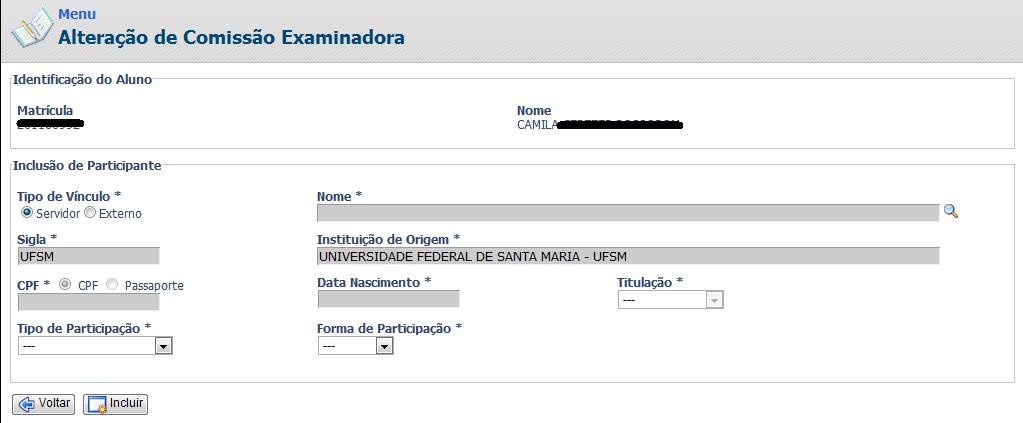 Ao clicar em Incluir, abre-se uma janela onde é possível realizar a inclusão de novos membros para a Comissão Examinadora.