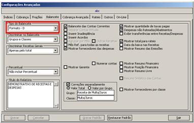 5- Em cada um dos condomínios, realize a seguinte configuração: Acesse o menu: Cadastros/ Condomínios/ Configurações Avançadas/ Balancete.