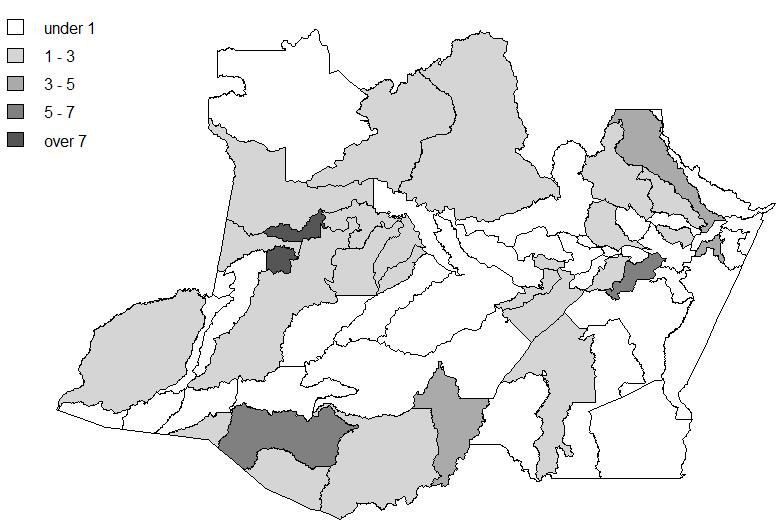 Figura 5.1: Custer detectado à esquerda; mapa de taxa de novos casos à direita agoritmo EM foi desenvovido para estimação dos parâmetros e a significância do custer foi avaiada via vaor-p Bootstrap.