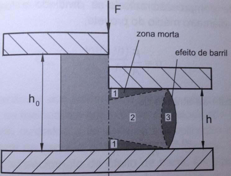 Figura 1. Representação do embarrilhamento e das zonas mortas durante a compressão uniaxial de um provete cilíndrico (Rodrigues e Martins, 2010). A Fig.