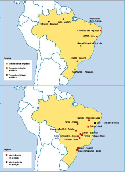 Figura 5: Minas de fosfato e de potássio no Brasil Fonte: IBRAM (2012) O consumo de fertilizantes é crescente.