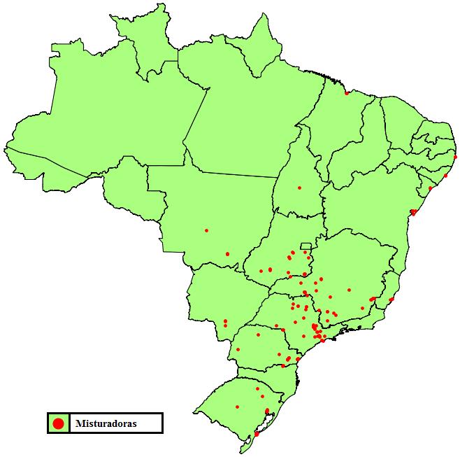 Figura 6: Localização e concentração de misturadoras no Brasil Fonte: Elaboração própria a partir dos dados da AMA e agentes do setor (2013) É observado que as misturadoras estão concentradas na