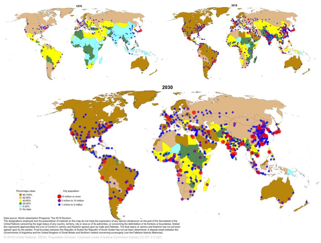 Figura 1: Urbanização crescente a nível global e o surgimento das cidades globais Fonte: Organização das Nações Unidas (United