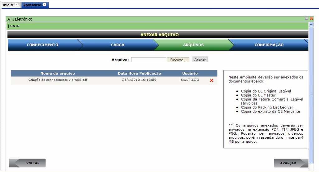 Documentos Digitalizados Os documentos que foram digitalizados deverão ser anexados ao processo nesta tela.