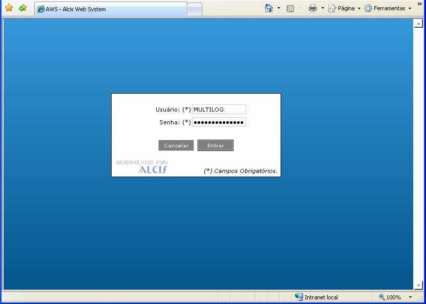 Acesso ao sistema AWS Para acesso ao sistema AWS, entrar no seguinte endereço WEB: http://www.multilog.com.