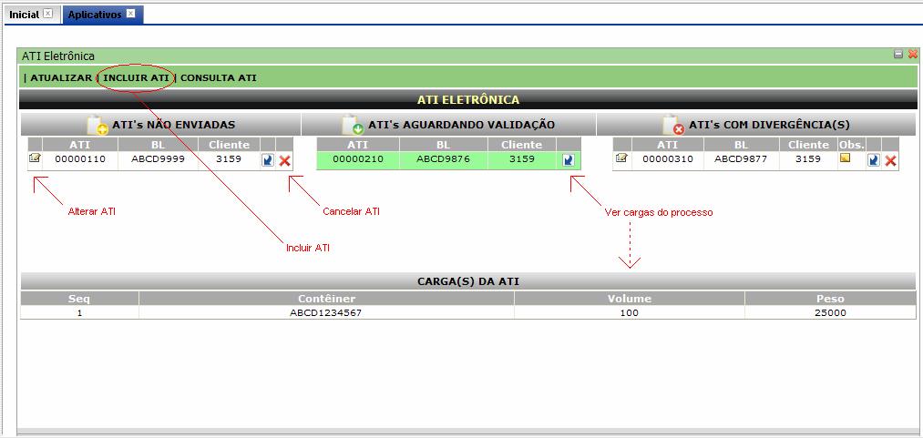 Central de consultas da ATI Eletrônica Aqui ficam centralizadas as ATIs, divididas pelos seguintes status: ATI não enviadas: ATI que não foi enviada e não pode ser visualizada pela MULTILOG e não