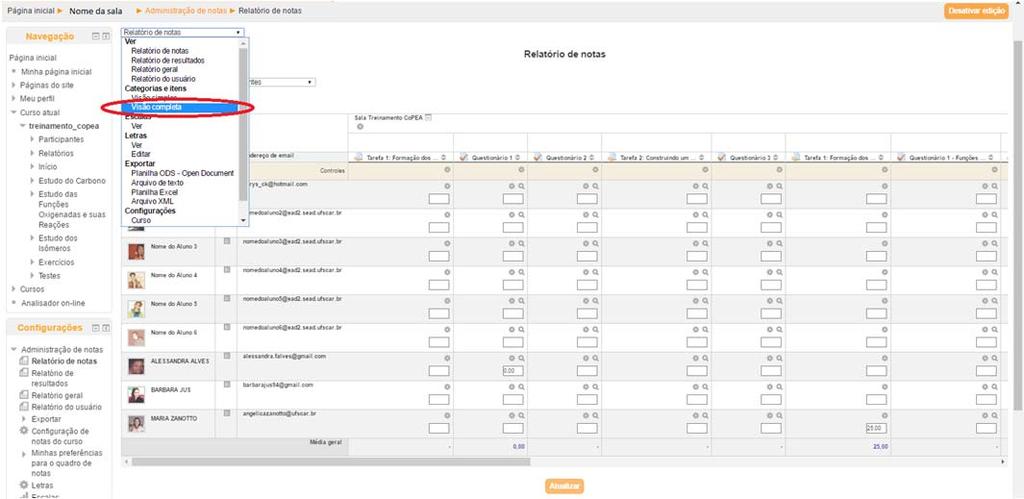 Figura 3 Relatório de notas. Feito isso, o Relatório de Notas ficará visível como mostrado abaixo, na Figura 4.