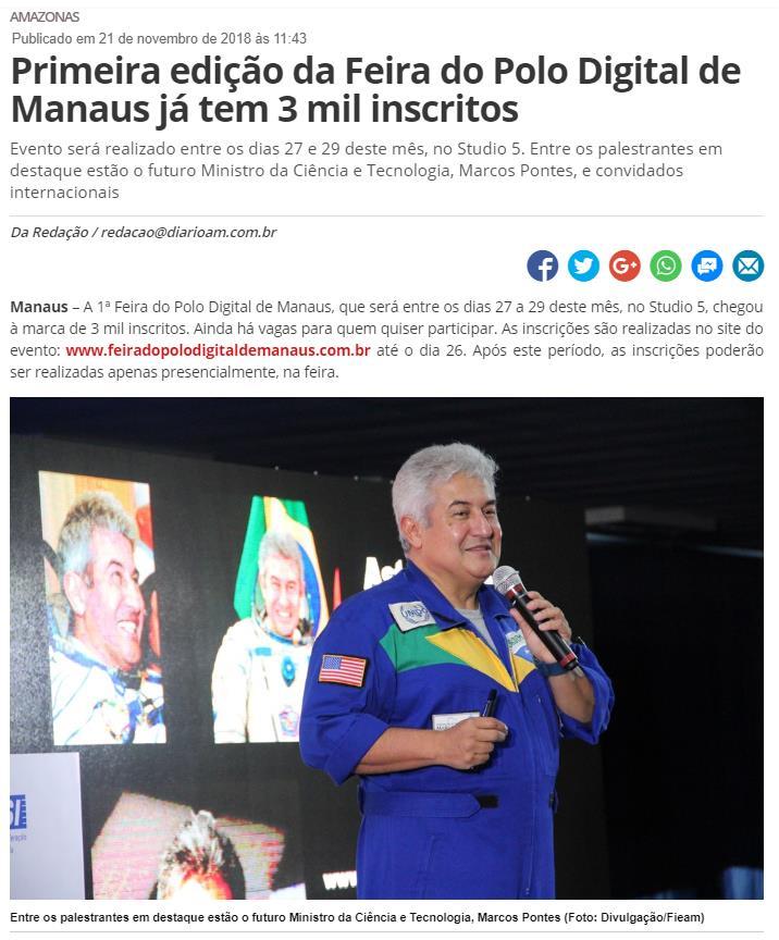 CLIPPING DE NOTÍCIAS Título: Primeira edição da Feira do Polo Digital de Manaus já tem 3 mil inscritos Veículo: D24AM Data: 21.11.