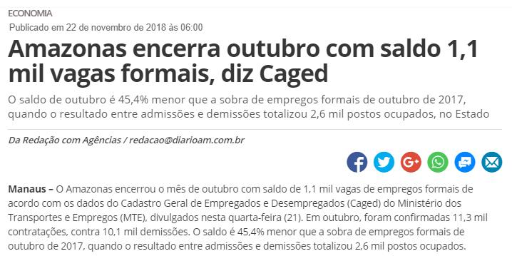 CLIPPING DE NOTÍCIAS Título: Amazonas encerra outubro com saldo 1,1 mil vagas formais, diz Caged Veículo: D24AM Data: 22.11.